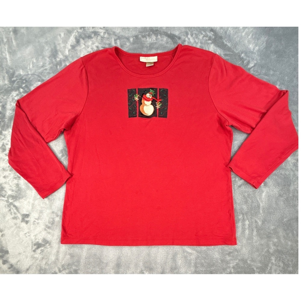 M&C Sportswear Womens XL Red Snowman Embroidered Long Sleeve Christmas‎ Top